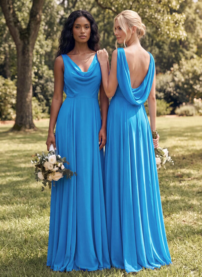 A-Line Cowl Neck Sleeveless Floor-Length Whisper Chiffon Bridesmaid Dresses