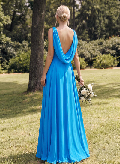 A-Line Cowl Neck Sleeveless Floor-Length Whisper Chiffon Bridesmaid Dresses