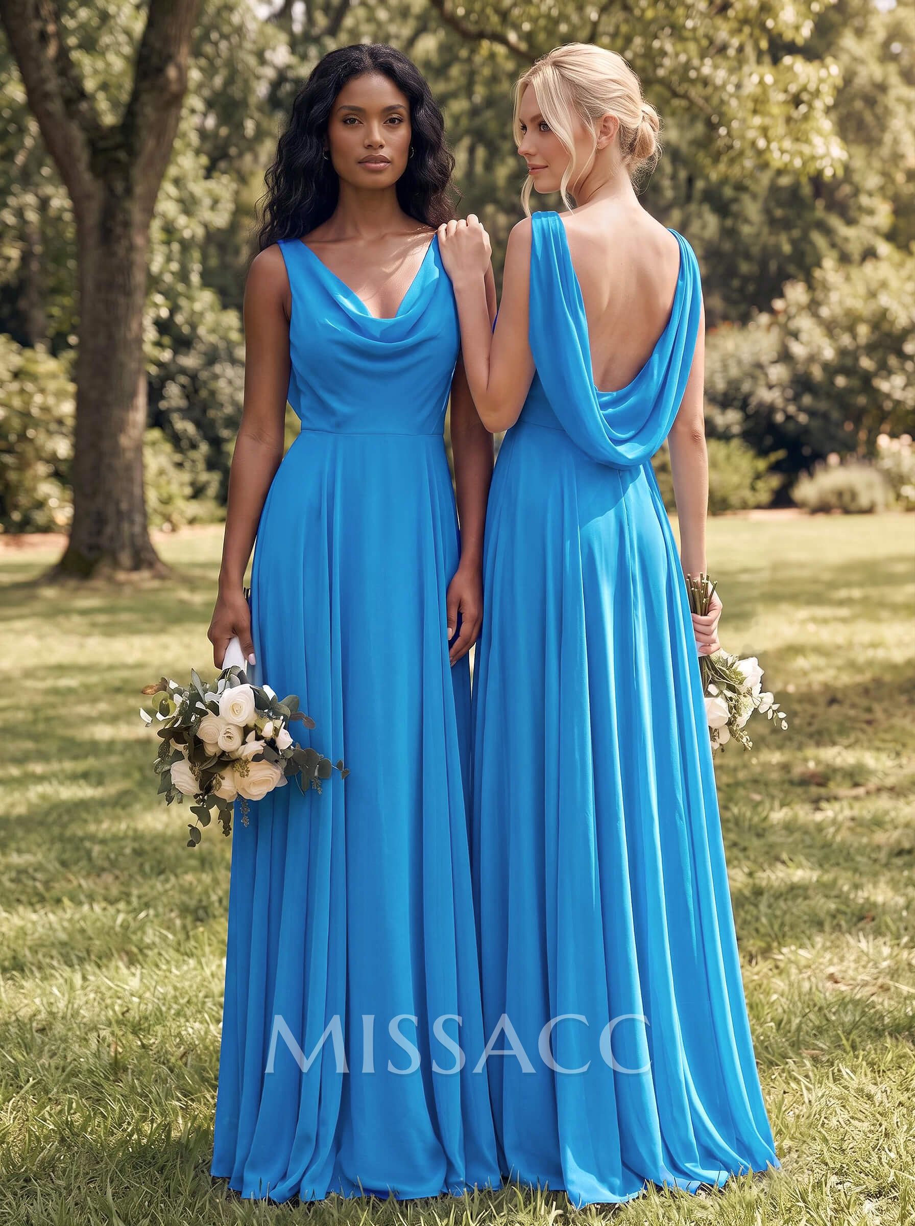 A-Line Cowl Neck Sleeveless Floor-Length Whisper Chiffon Bridesmaid Dresses