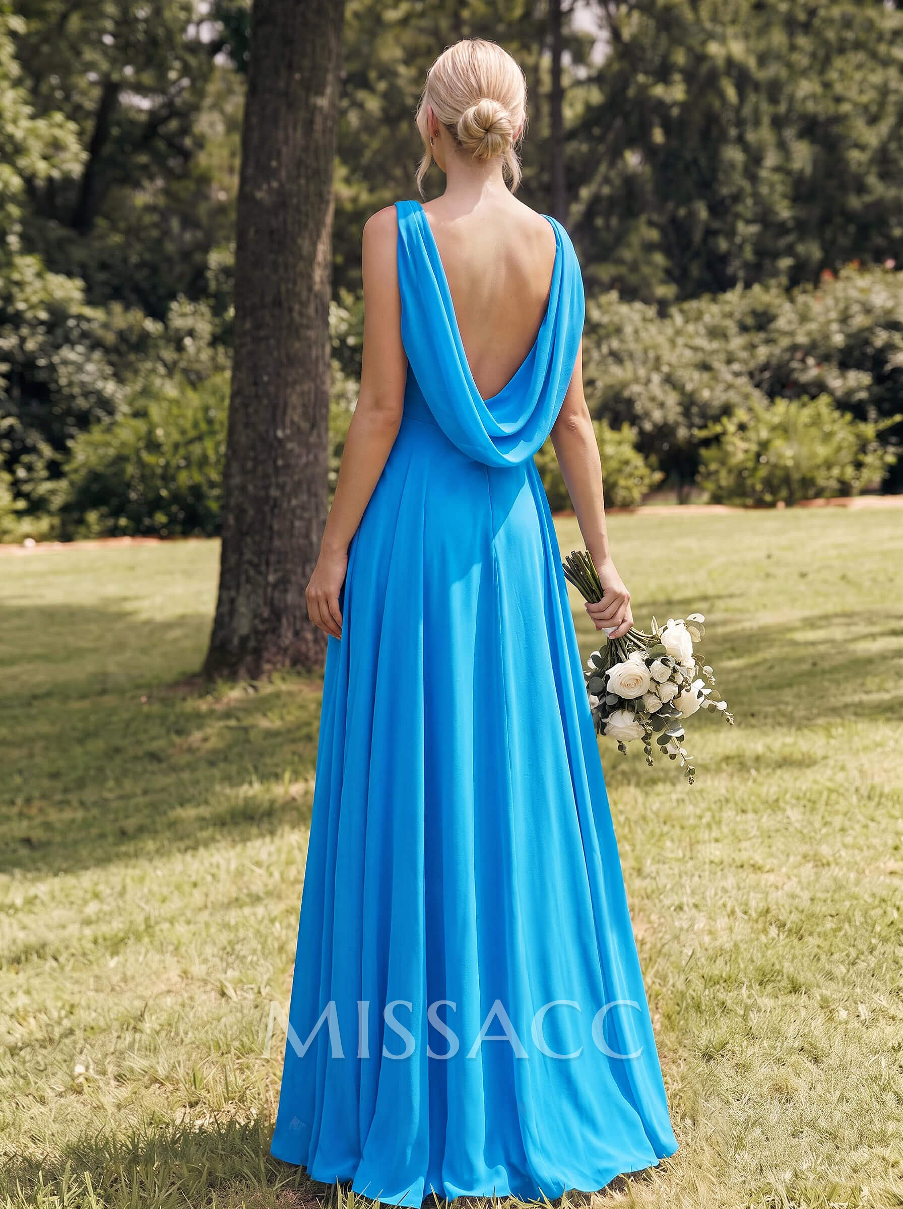 A-Line Cowl Neck Sleeveless Floor-Length Whisper Chiffon Bridesmaid Dresses