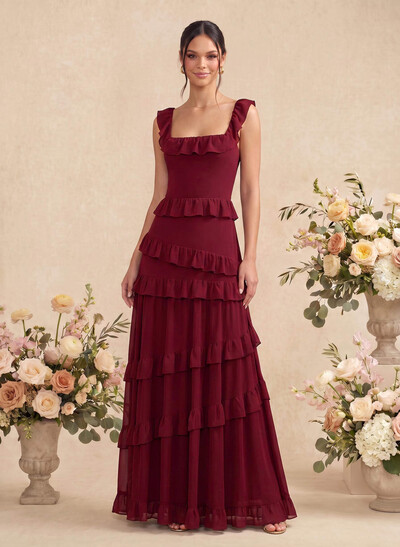 A-Line Square Neckline Sleeveless Floor-Length Chiffon Bridesmaid Dresses With Tiered
