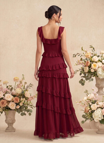 A-Line Square Neckline Sleeveless Floor-Length Chiffon Bridesmaid Dresses With Tiered