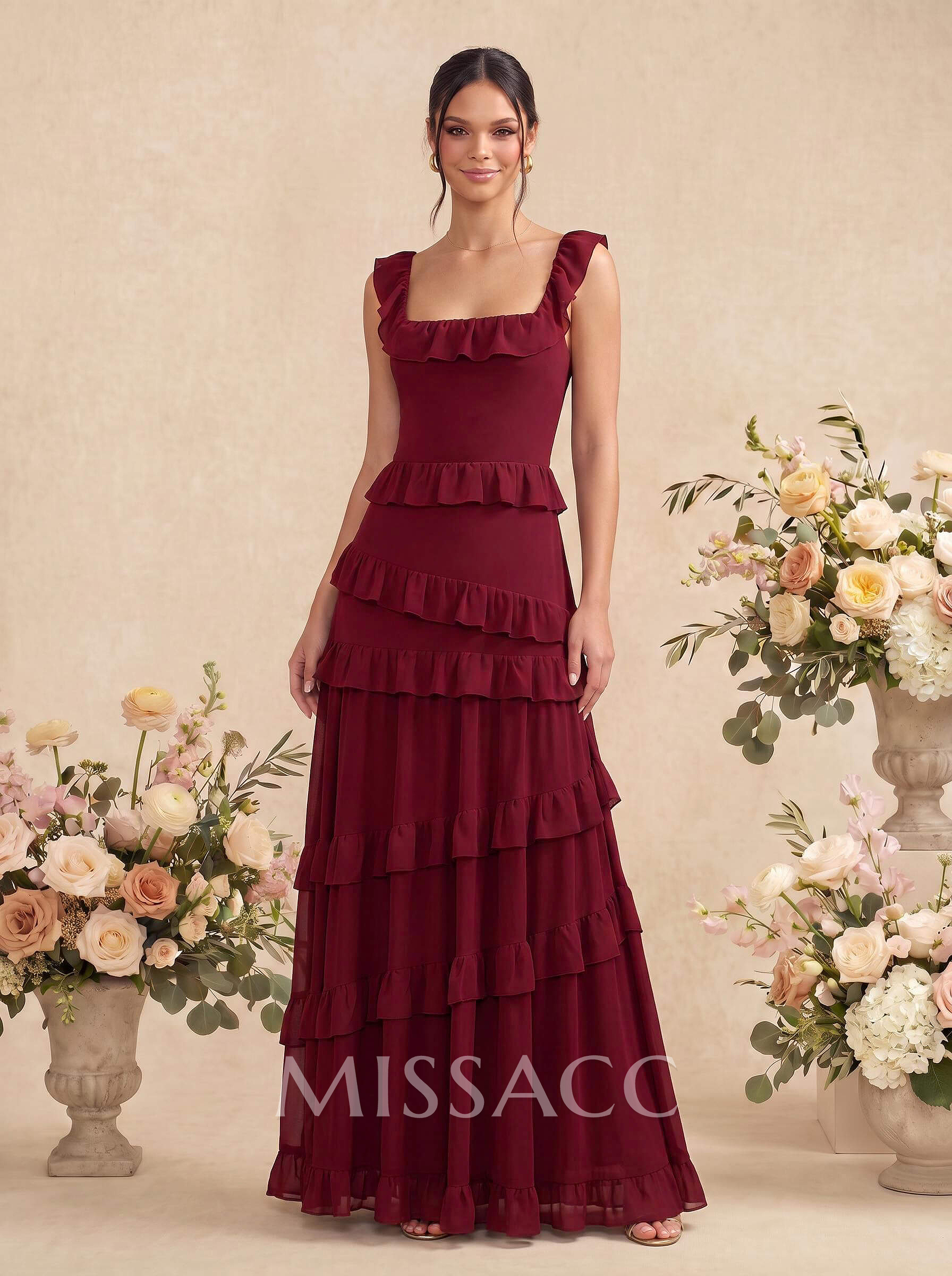 A-Line Square Neckline Sleeveless Floor-Length Chiffon Bridesmaid Dresses With Tiered