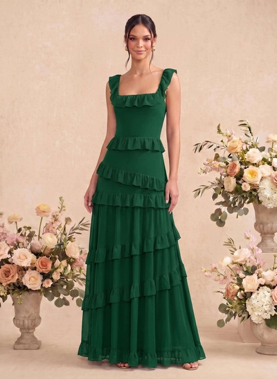 A-Line Square Neckline Sleeveless Floor-Length Chiffon Bridesmaid Dresses With Tiered