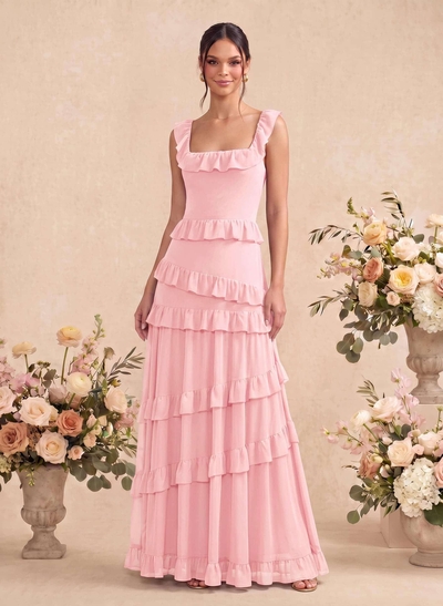 A-Line Square Neckline Sleeveless Floor-Length Chiffon Bridesmaid Dresses With Tiered