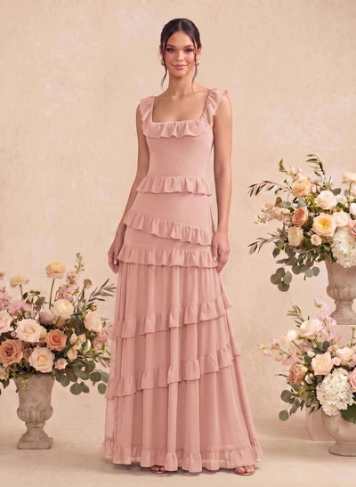 A-Line Square Neckline Sleeveless Floor-Length Chiffon Bridesmaid Dresses With Tiered