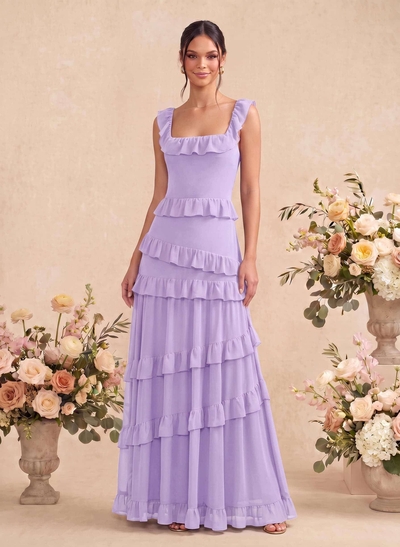 A-Line Square Neckline Sleeveless Floor-Length Chiffon Bridesmaid Dresses With Tiered Detail