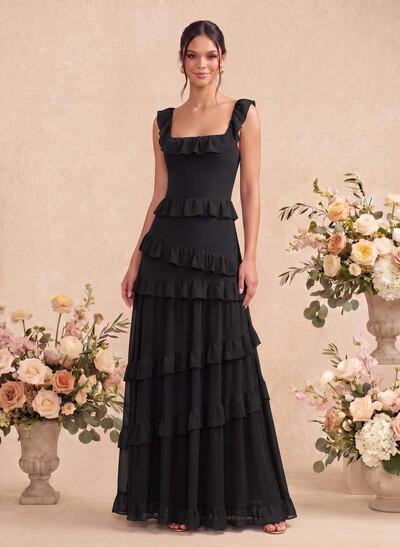 A-Line Square Neckline Sleeveless Floor-Length Chiffon Bridesmaid Dresses With Tiered