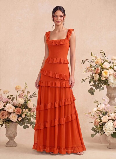 A-Line Square Neckline Sleeveless Floor-Length Chiffon Bridesmaid Dresses With Tiered