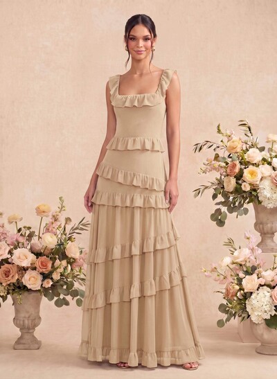 A-Line Square Neckline Sleeveless Floor-Length Chiffon Bridesmaid Dresses With Tiered
