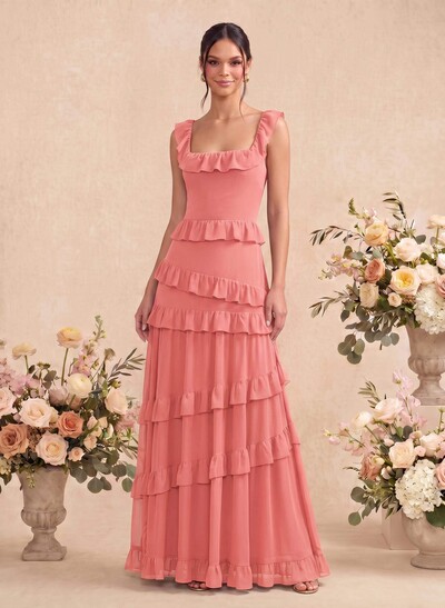 A-Line Square Neckline Sleeveless Floor-Length Chiffon Bridesmaid Dresses With Tiered