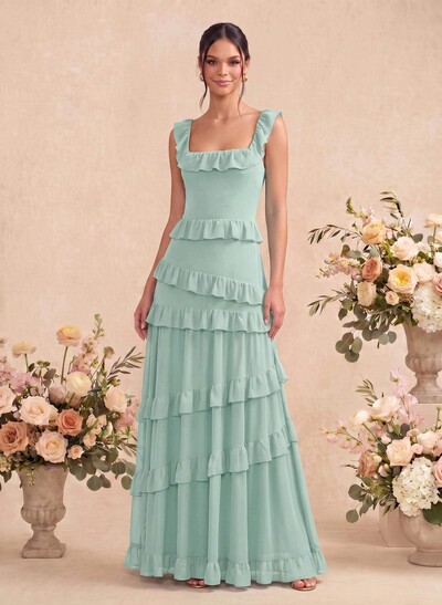 A-Line Square Neckline Sleeveless Floor-Length Chiffon Bridesmaid Dresses With Tiered
