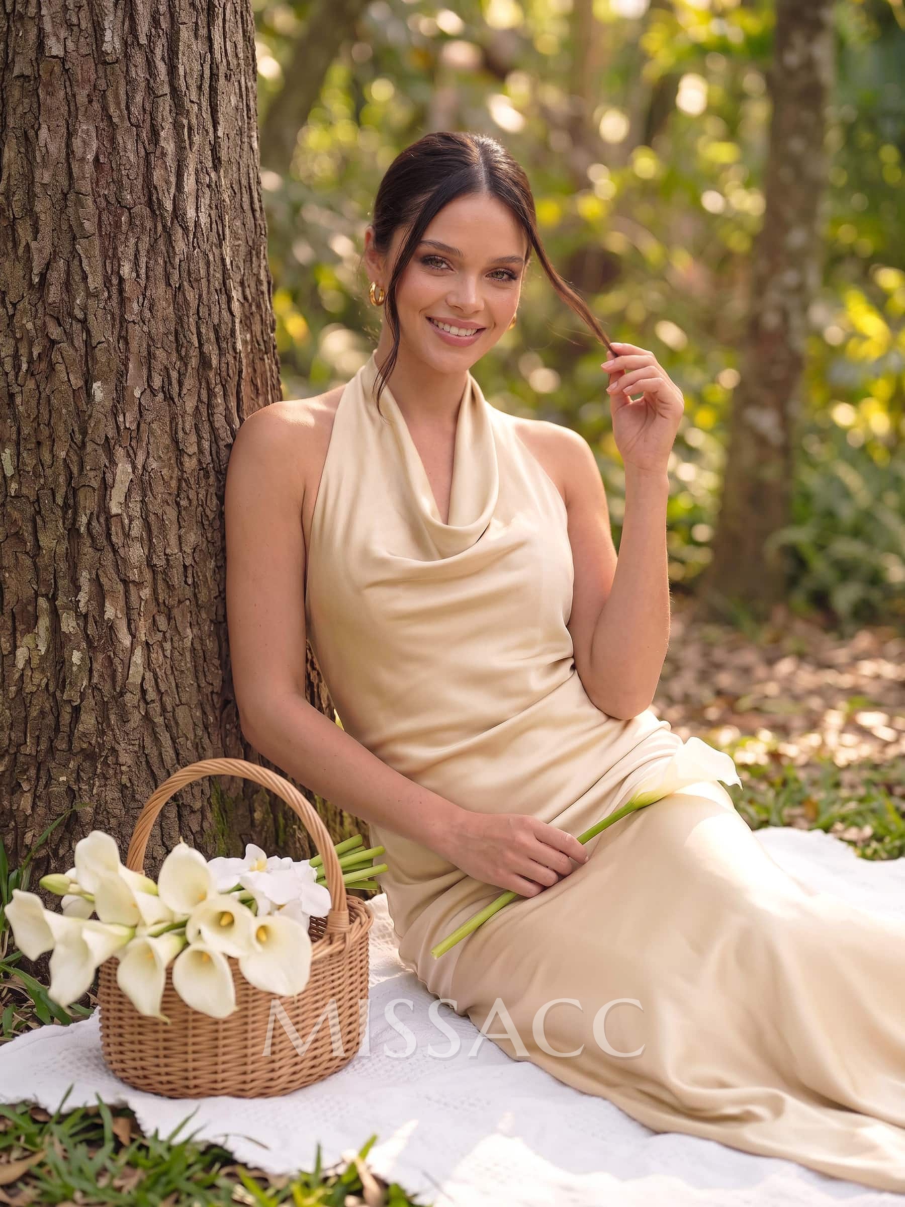 Trumpet/Mermaid Halterneck/Cowl Neck Sleeveless Sweep Train Charmeuse Bridesmaid Dresses With Bow