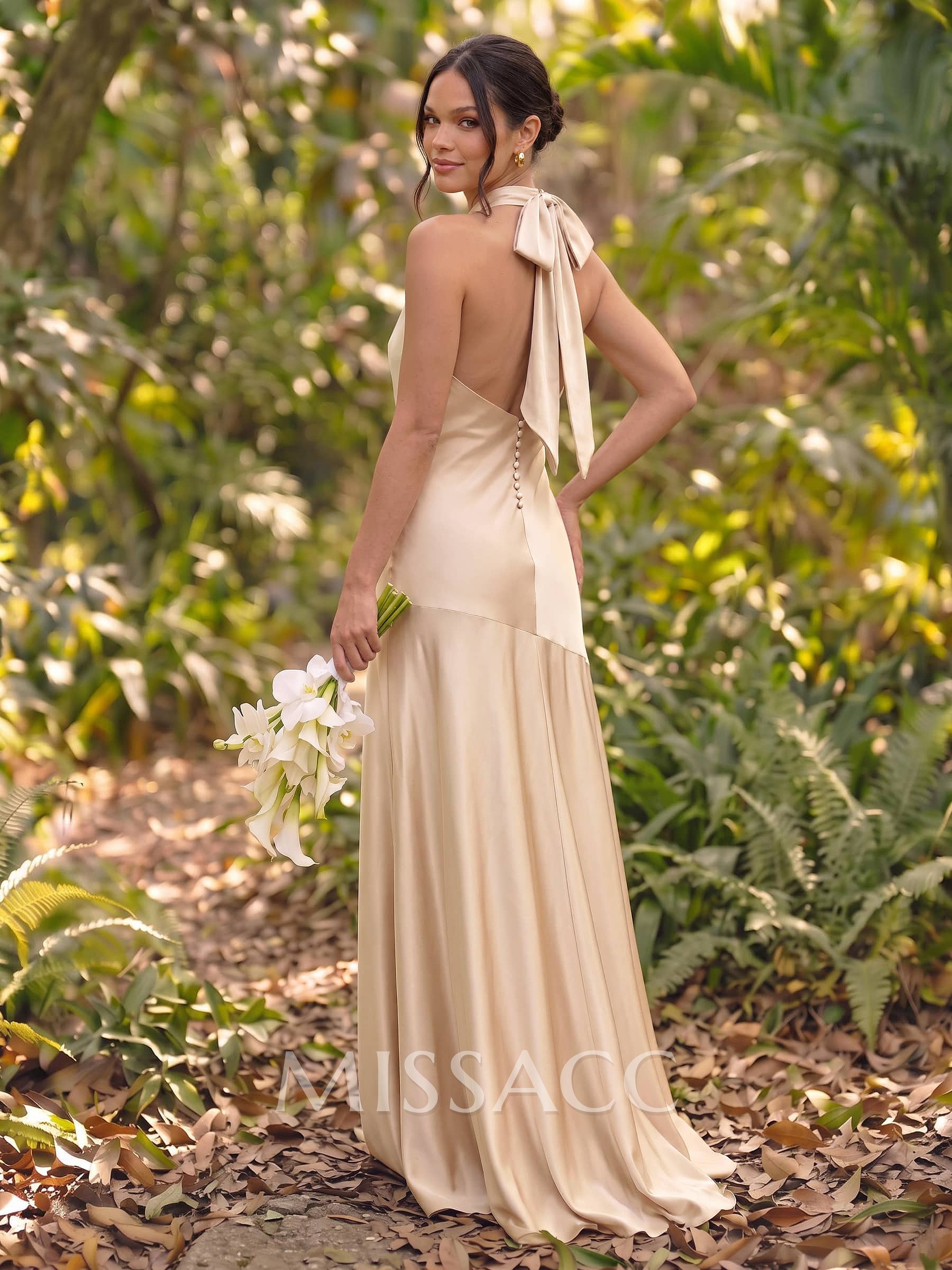 Trumpet/Mermaid Halterneck/Cowl Neck Sleeveless Sweep Train Charmeuse Bridesmaid Dresses With Bow
