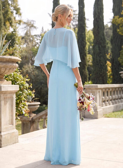 A-Line Scoop Neck Cape Sleeve Floor-Length Chiffon Bridesmaid Dresses