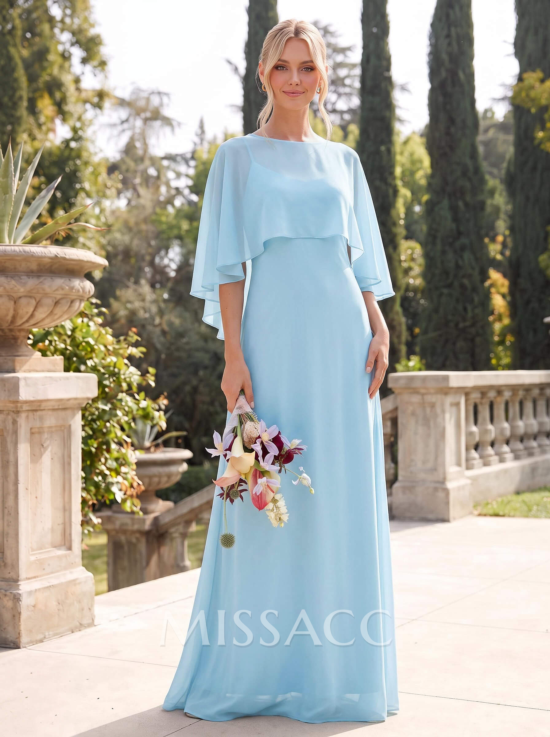 A-Line Scoop Neck Cape Sleeve Floor-Length Chiffon Bridesmaid Dresses