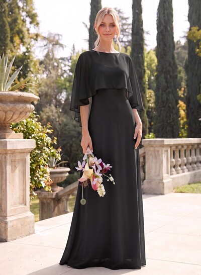 A-Line Scoop Neck Cape Sleeves Floor-Length Chiffon Bridesmaid Dresses