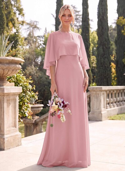 A-Line Scoop Neck Cape Sleeves Floor-Length Chiffon Bridesmaid Dresses