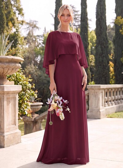 A-Line Scoop Neck Cape Sleeves Floor-Length Chiffon Bridesmaid Dresses