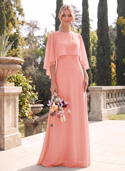 A-Line Scoop Neck Cape Sleeves Floor-Length Chiffon Bridesmaid Dresses