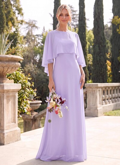 A-Line Scoop Neck Cape Sleeve Floor-Length Chiffon Bridesmaid Dresses