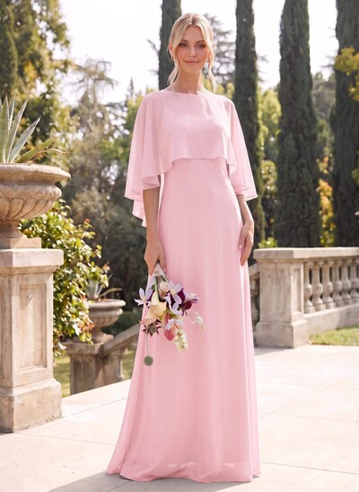 A-Line Scoop Neck Cape Sleeves Floor-Length Chiffon Bridesmaid Dresses