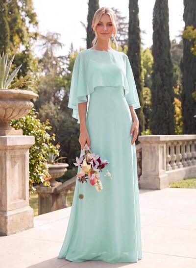 A-Line Scoop Neck Cape Sleeves Floor-Length Chiffon Bridesmaid Dresses