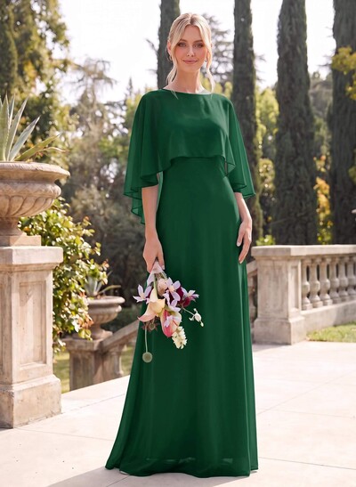 A-Line Scoop Neck Cape Sleeves Floor-Length Chiffon Bridesmaid Dresses