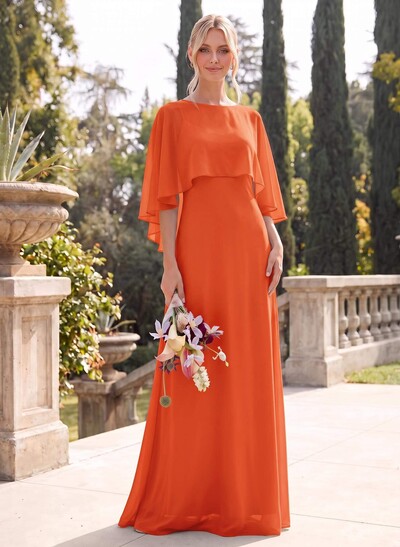 A-Line Scoop Neck Cape Sleeves Floor-Length Chiffon Bridesmaid Dresses