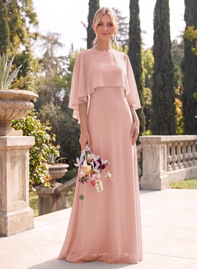 A-Line Scoop Neck Cape Sleeves Floor-Length Chiffon Bridesmaid Dresses