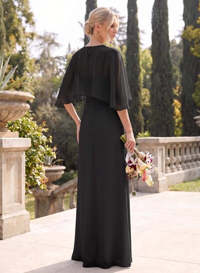 A-Line Scoop Neck Cape Sleeves Floor-Length Chiffon Bridesmaid Dresses