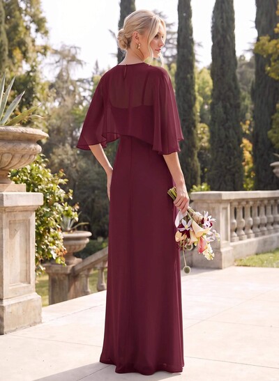 A-Line Scoop Neck Cape Sleeves Floor-Length Chiffon Bridesmaid Dresses