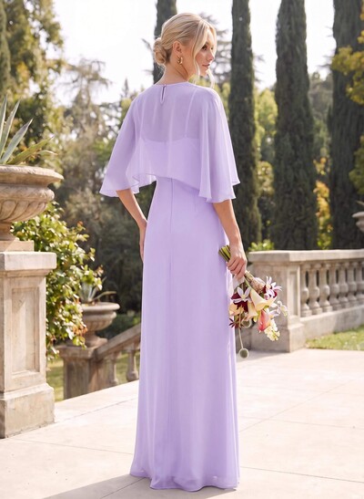 A-Line Scoop Neck Cape Sleeve Floor-Length Chiffon Bridesmaid Dresses