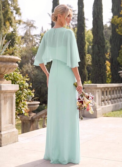 A-Line Scoop Neck Cape Sleeves Floor-Length Chiffon Bridesmaid Dresses