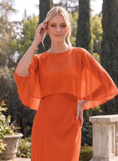 A-Line Scoop Neck Cape Sleeves Floor-Length Chiffon Bridesmaid Dresses