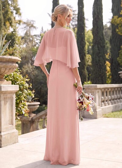 A-Line Scoop Neck Cape Sleeves Floor-Length Chiffon Bridesmaid Dresses