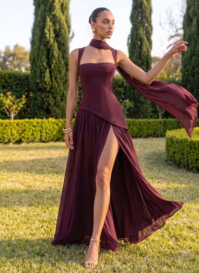 A-Line Square Neck Sleeveless Floor-Length Chiffon Bridesmaid Dress With High Split