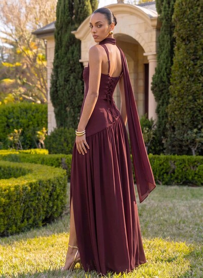 A-Line Square Neck Sleeveless Floor-Length Chiffon Bridesmaid Dress With High Split