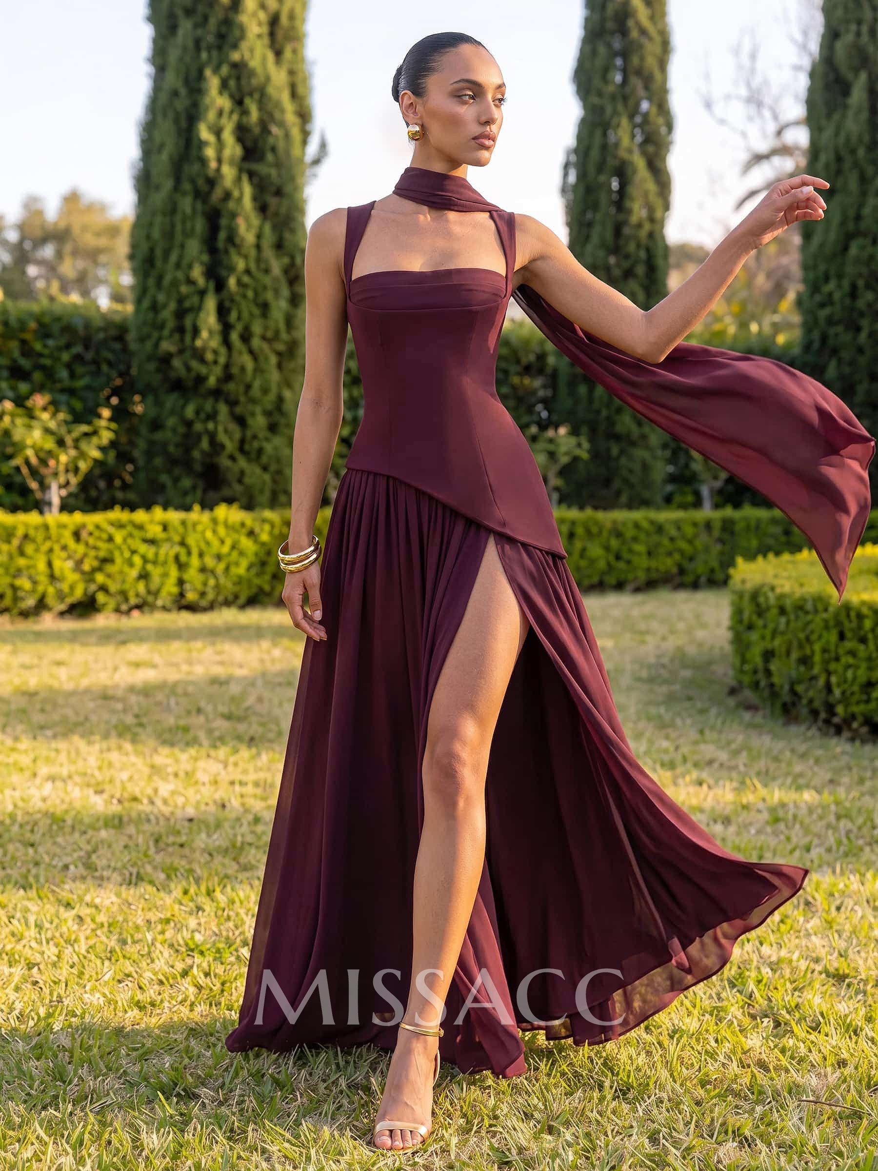 A-Line Square Neck Sleeveless Floor-Length Chiffon Bridesmaid Dress With High Split