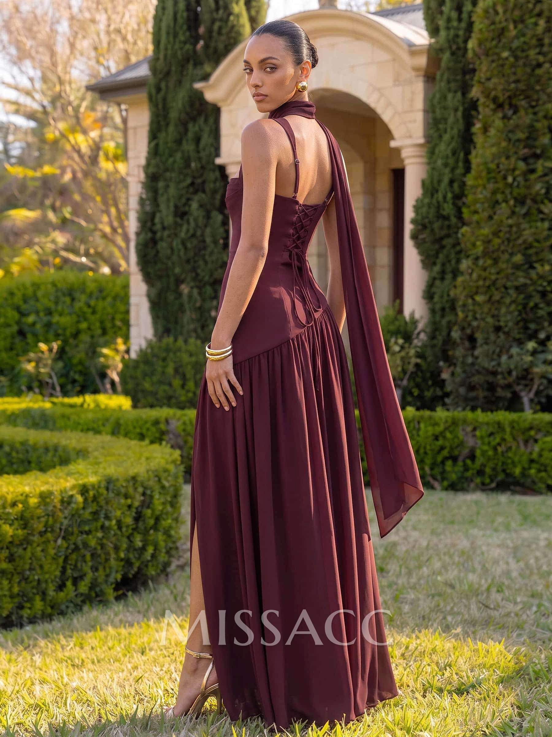 A-Line Square Neck Sleeveless Floor-Length Chiffon Bridesmaid Dress With High Split