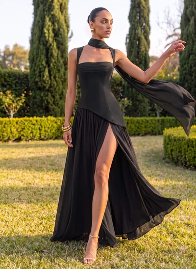 A-Line Square Neckline Sleeveless Floor-Length Chiffon Bridesmaid Dresses With High Split