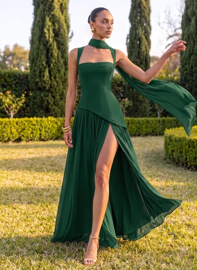 A-Line Square Neckline Sleeveless Floor-Length Chiffon Bridesmaid Dresses With High Split