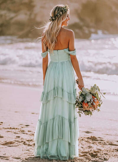 Sheath/Column Off-The-Shoulder Sleeveless Floor-Length Tulle/Charmeuse Bridesmaid Dresses With Cascading Ruffles