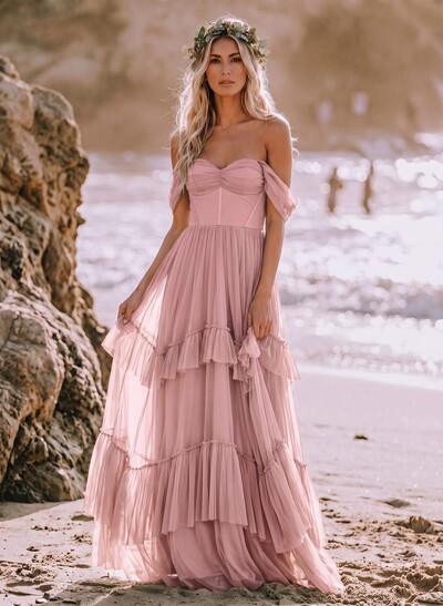 Sheath/Column Off-the-Shoulder Sleeveless Floor-Length Tulle & Charmeuse Bridesmaid Dresses with Cascading Ruffles