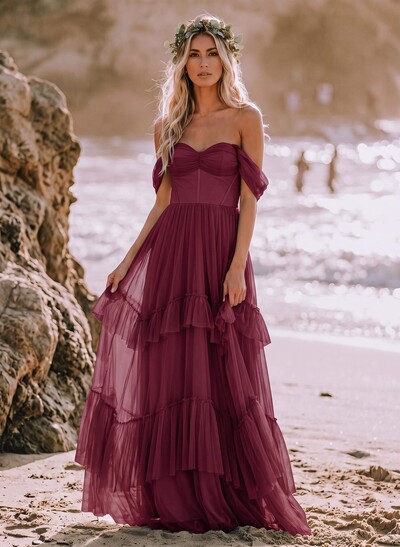 Sheath/Column Off-The-Shoulder Sleeveless Floor-Length Tulle/Charmeuse Bridesmaid Dresses With Cascading Ruffles