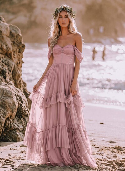 Sheath/Column Off-The-Shoulder Sleeveless Floor-Length Tulle/Charmeuse Bridesmaid Dresses With Cascading Ruffles