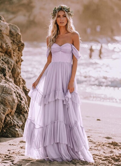 Sheath/Column Off-The-Shoulder Sleeveless Floor-Length Tulle/Charmeuse Bridesmaid Dresses With Cascading Ruffles