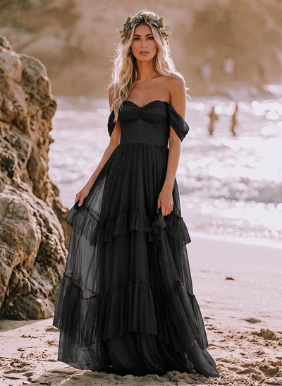Sheath/Column Off-the-Shoulder Sleeveless Floor-Length Tulle & Charmeuse Bridesmaid Dresses with Cascading Ruffles