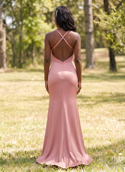 Trumpet/Mermaid Halter/Cowl Neck Sleeveless Sweep Train Charmeuse Bridesmaid Dresses With High Split