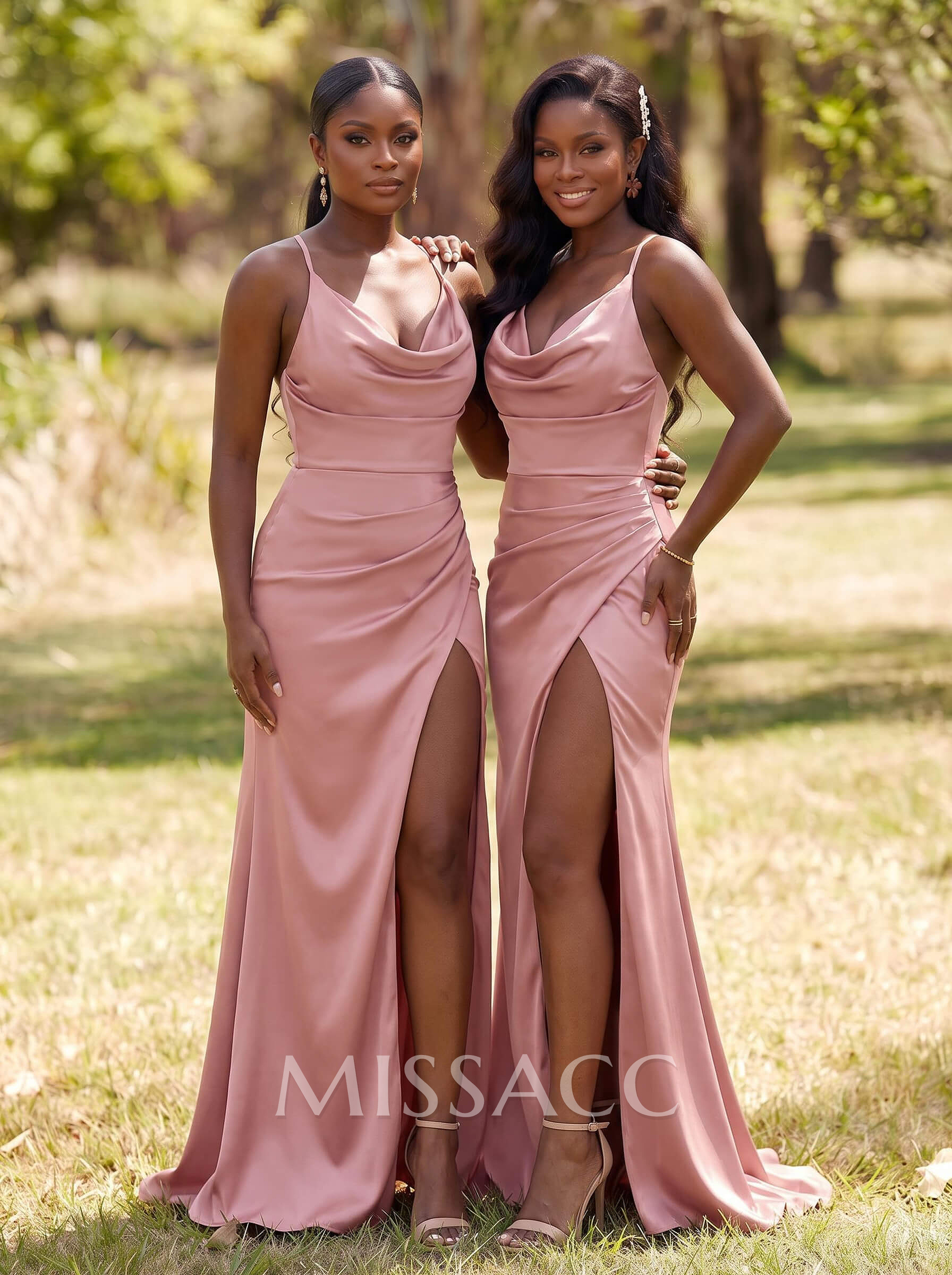 Trumpet/Mermaid Halter/Cowl Neck Sleeveless Sweep Train Charmeuse Bridesmaid Dresses With High Split
